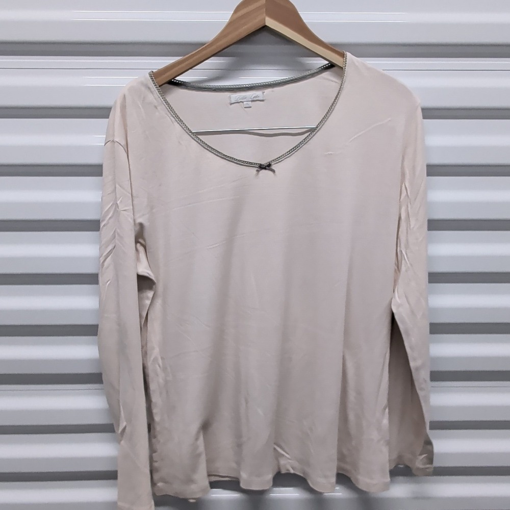 Bella Cota Top XL Womens Beige V-Neck Lace Trim Bow Detail Long Sleeve Shirt — photo 2